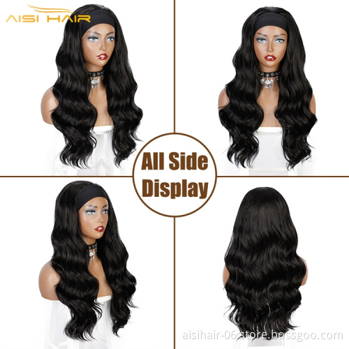 Aisi Dropshipping Glueless Long Body Wave Black Wavy Half Wigs No Lace For Black Women Synthetic Elastic Attached Headband Wig